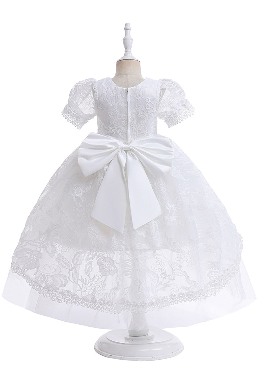 Vestido de niña de tul blanco una línea de manga corta con lazo