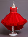 Vestido Alto Bajo Vestido Cuello Joya Niña Blanco con Lazo