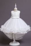 Vestido Alto Bajo Vestido Cuello Joya Niña Blanco con Lazo