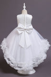 Vestido Alto Bajo Vestido Cuello Joya Niña Blanco con Lazo
