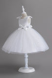 Vestido de fiesta de niña blanco de tul y lentejuelas con lazo