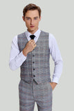 Gris Plaid Wide Peak Lapel 3 Piezas Mono pecho Trajes De Hombre
