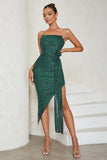 Vestido de cóctel sin tirantes de lentejuelas verdes con abertura