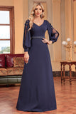 Vestido azul marino de manga larga de la madre de la novia de una línea con abalorios