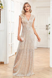 Champagne sin mangas V-Neck A Line Sparkly Prom Dress