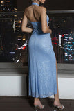 Vestido de cóctel halter con purpurina azul claro con abertura