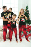 Pijama navideño familiar a cuadros negros y rojos con mangas cortas