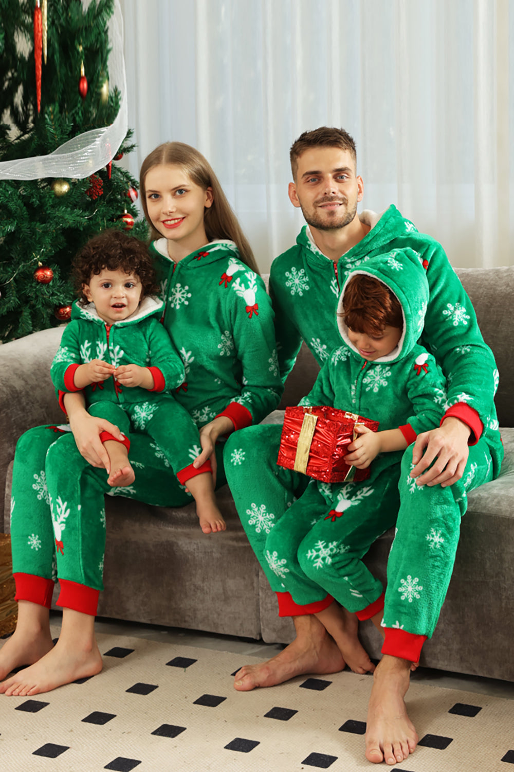 Familia Navideña Panela Verde Copo de Nieve Mameluco Pijama
