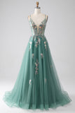 Vestido largo de fiesta con tirantes finos de una línea verde brillante con apliques de lentejuelas brillantes
