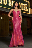 Impresionante sirena espagueti correas fucsia lentejuelas corsé vestido de fiesta