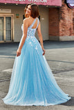 Vestido de fiesta de tul largo azul claro de una línea de un hombro con apliques