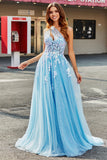 Vestido de fiesta de tul largo azul claro de una línea de un hombro con apliques