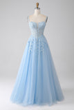 Vestido de fiesta con corsé azul claro de línea A con apliques