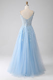 Vestido de fiesta con corsé azul claro de línea A con apliques