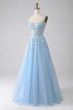 Vestido de fiesta con corsé azul claro de línea A con apliques