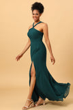 Vestido de dama de honor de gasa de sirena verde con hendidura