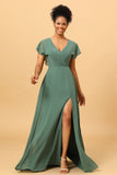 Vestido de dama de honor verde de gasa A-line con hendidura