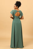 Vestido de dama de honor verde de gasa A-line con hendidura