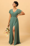 Vestido de dama de honor verde de gasa A-line con hendidura