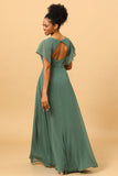 Vestido de dama de honor verde de gasa A-line con hendidura