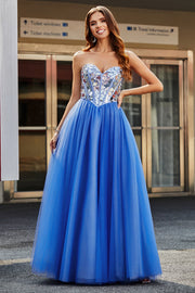 Azul Real A Línea Novia Espejos Rotos Corsé Sin Tirantes Vestido Largo De Fiesta