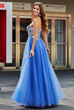 Azul Real A Línea Novia Espejos Rotos Corsé Sin Tirantes Vestido Largo De Fiesta