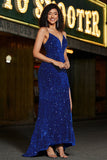 Vestido de fiesta largo de lentejuelas con cordones en la espalda de sirena azul real con abertura