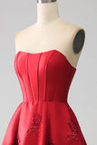 Elegante princesa A Línea Strapless Rojo Oscuro Vestido de Fiesta Largo Con Flores 3D