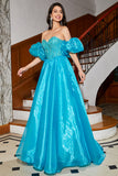 Vestido de fiesta con corsé azul de línea A con abalorios