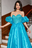 Vestido de fiesta con corsé azul de línea A con abalorios