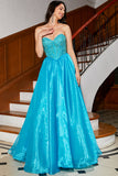 Vestido de fiesta con corsé azul de línea A con abalorios