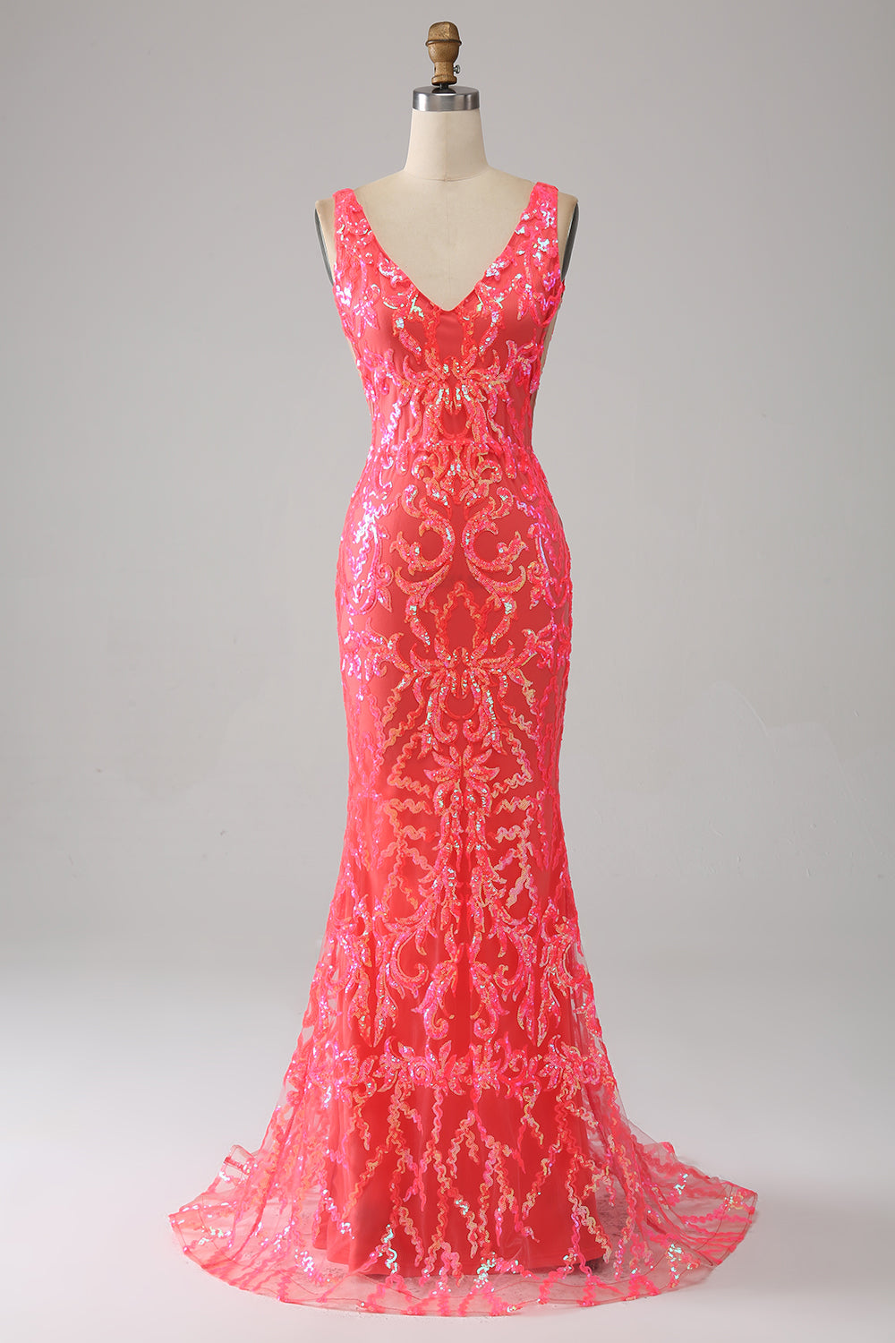 Vestido de fiesta de lentejuelas brillantes con cuello en V profundo de sirena con bordado