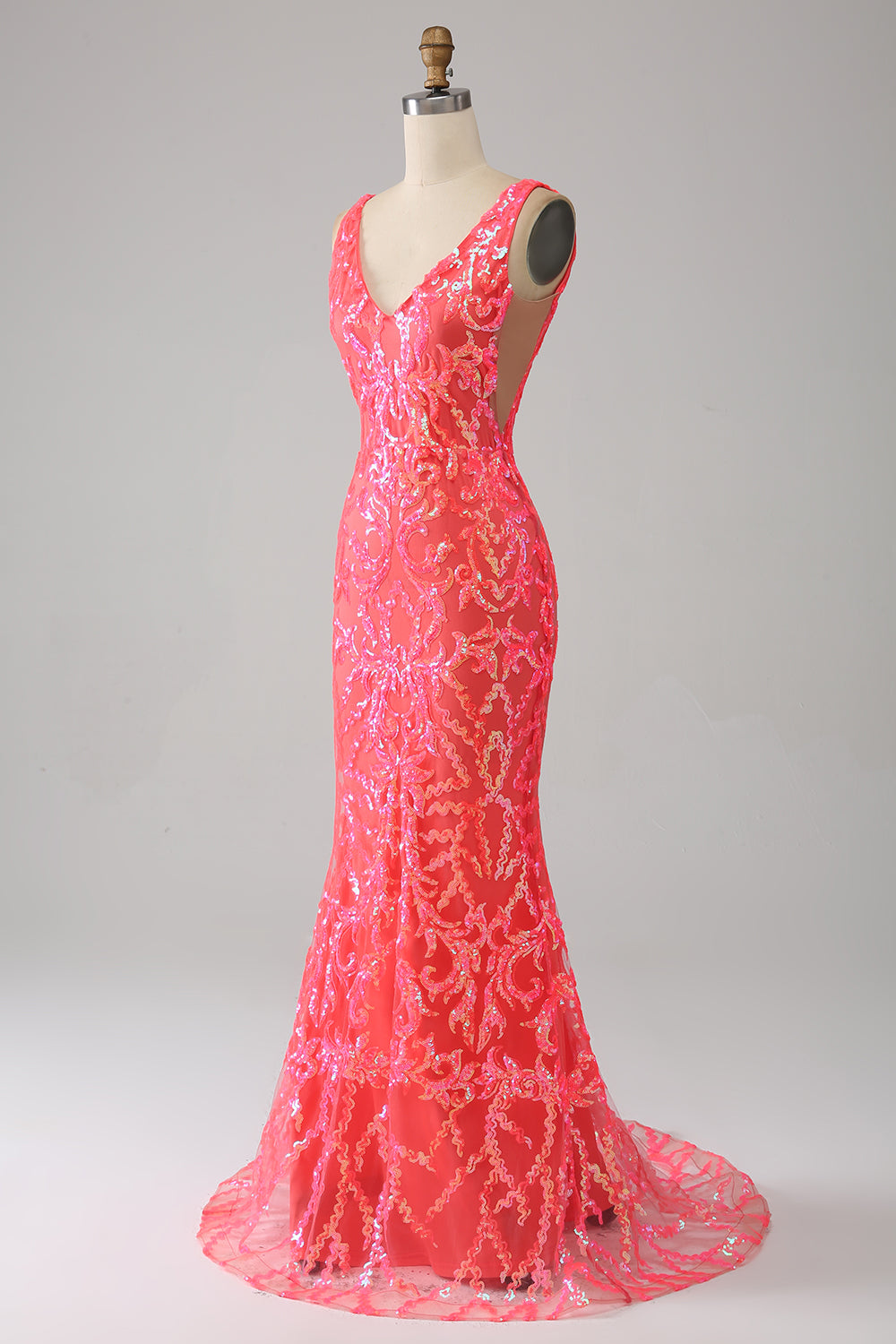 Vestido de fiesta de lentejuelas brillantes con cuello en V profundo de sirena con bordado