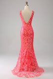 Vestido de fiesta de lentejuelas brillantes con cuello en V profundo de sirena con bordado