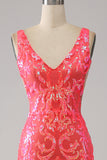 Vestido de fiesta de lentejuelas brillantes con cuello en V profundo de sirena con bordado
