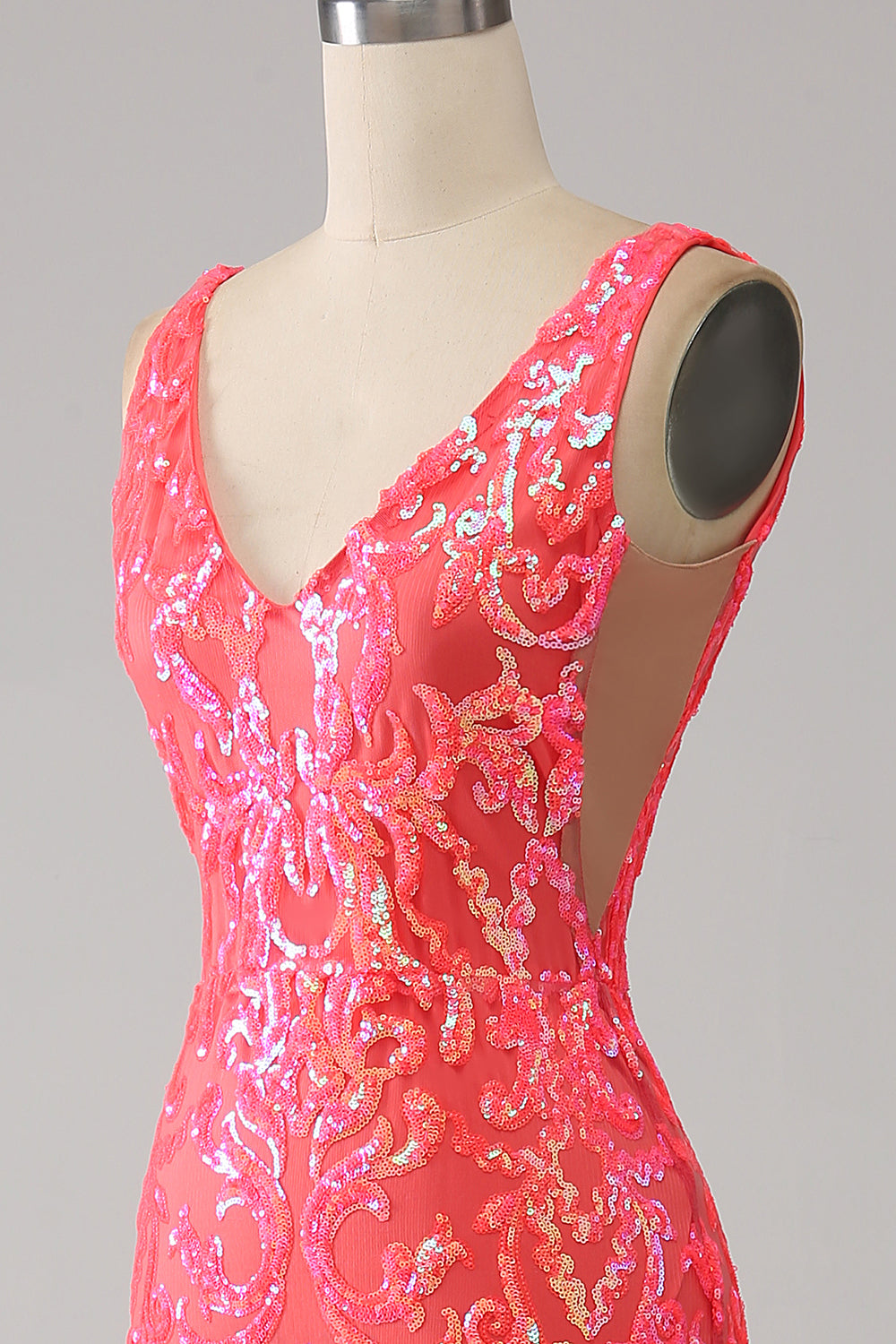 Vestido de fiesta de lentejuelas brillantes con cuello en V profundo de sirena con bordado