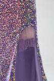 Vestido de fiesta de lentejuelas púrpura claro de sirena brillante con abertura