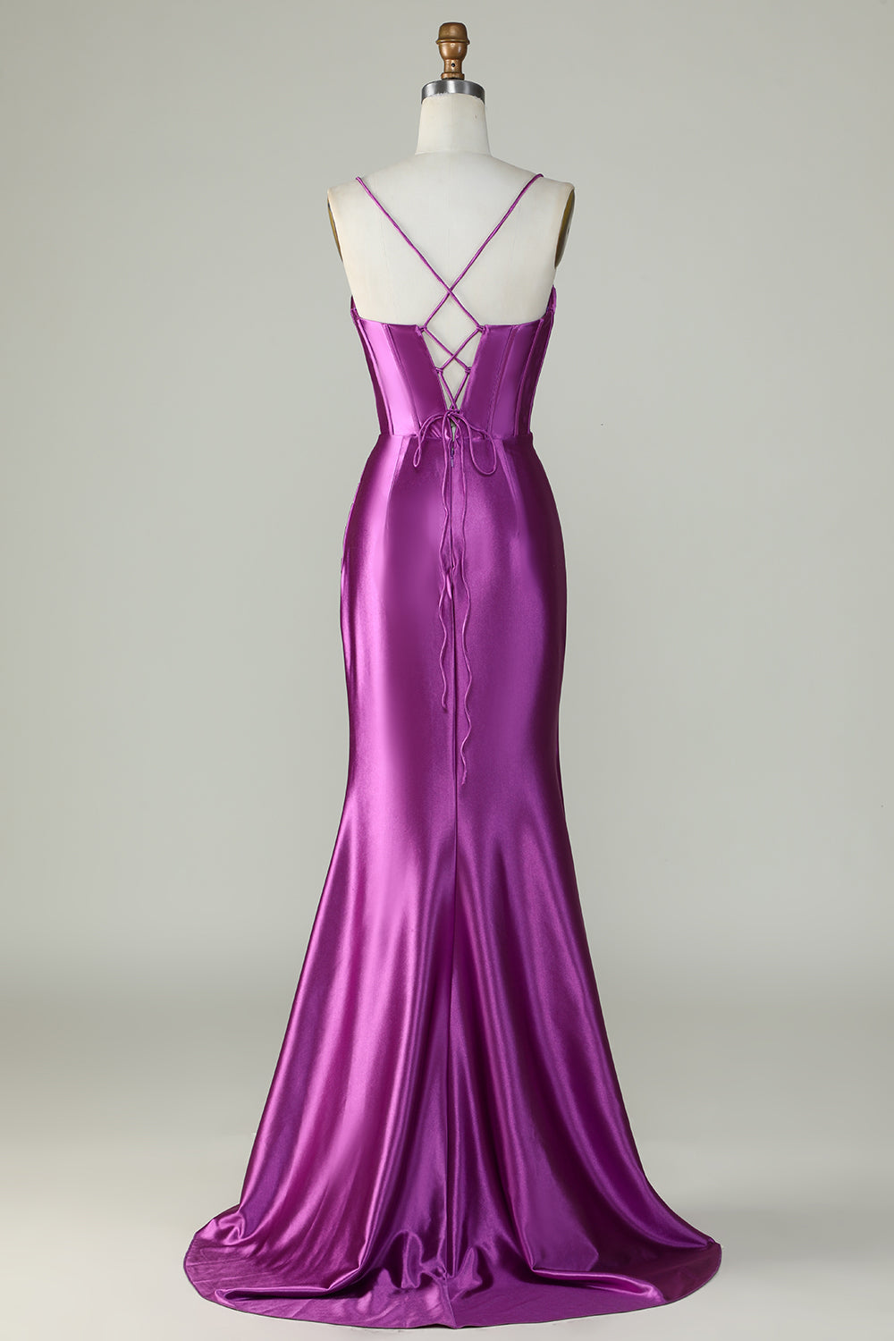 Correas de espagueti púrpura oscuro sirena vestido largo de graduación con hendidura