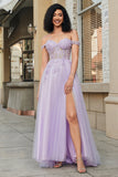Precioso Un Vestido De Fiesta De Corsé Púrpura De Línea De Hombros Fuera De Hombros Con Apliques