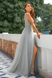 Gris V cuello con cuentas vestido largo de fiesta
