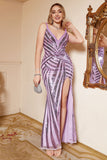 Vestido de fiesta de lentejuelas púrpura con tirantes y abertura