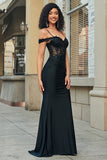 Vestido de fiesta largo sirena negro con purpurina con hombros descubiertos