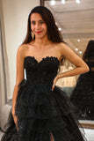 Trendy A Line Sweetheart Vestido de fiesta de fiesta con corsé negro con volantes