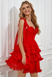 Vestido de fiesta corto volantes rojo con lazos