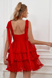Vestido de fiesta corto volantes rojo con lazos