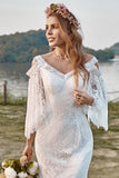 Encaje marfil hombro frío sirena Cape Sleeve Boho Vestido de novia