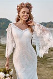 Encaje marfil hombro frío sirena Cape Sleeve Boho Vestido de novia