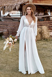 Marfil de encaje de gasa con cuello en V de manga larga Boho Vestidos de novia