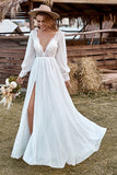 Marfil de encaje de gasa con cuello en V de manga larga Boho Vestidos de novia