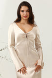 Champagne cuello V vestido de dama de honor largo con mangas